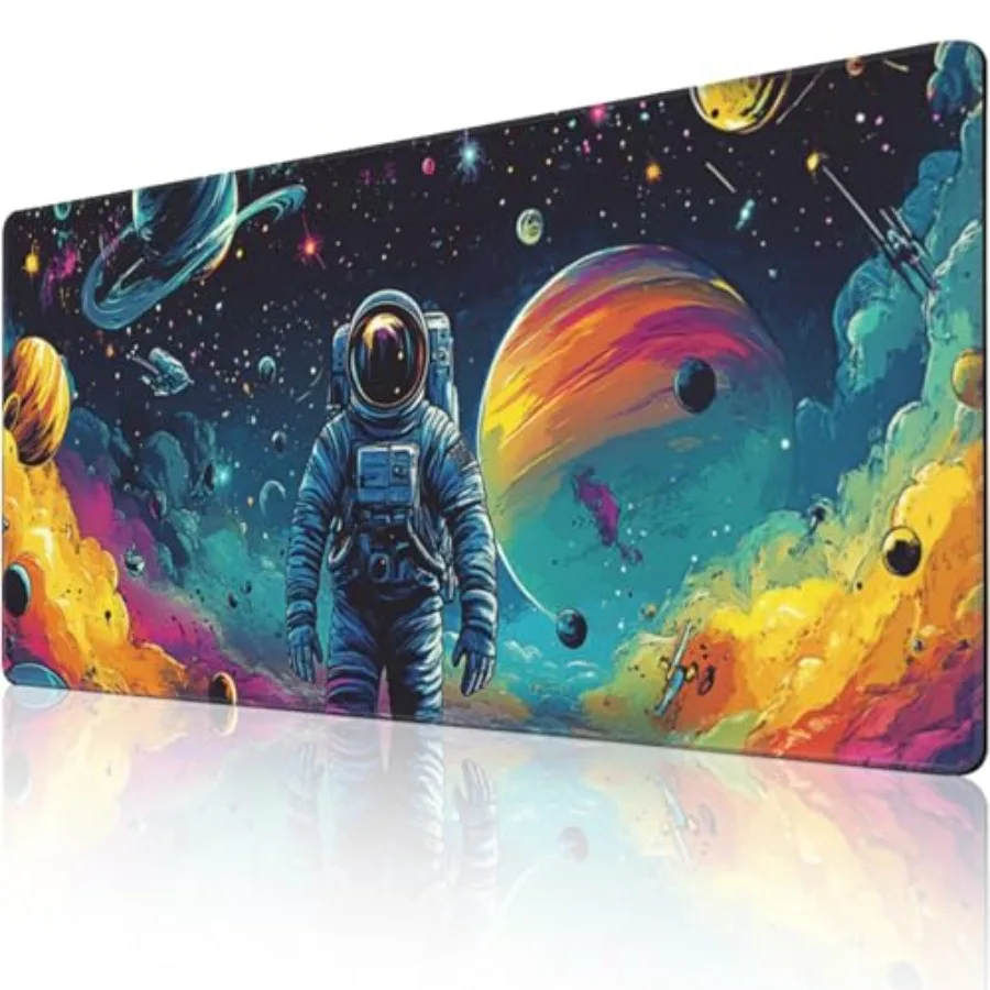 Extra Large Gaming Mouse Pad 48"x24", Non-Slip Rubber Base Galaxy Astronaut Space Mouse Pad, Waterproof Keyboard Mat with Stitc