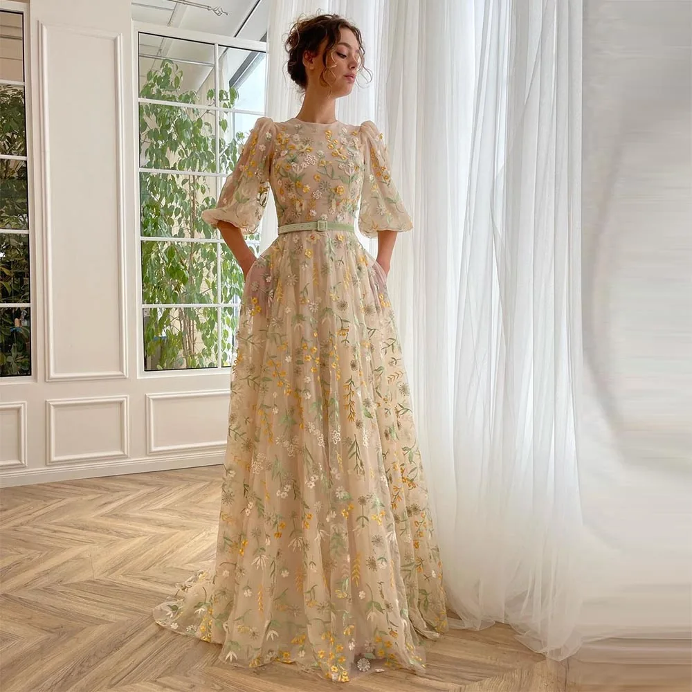 Sevintage-vestidos de fiesta con bordado Floral, Apliques de encaje, mariposa, cuello redondo, mangas cortas, línea A, vestidos de noche, vestido de