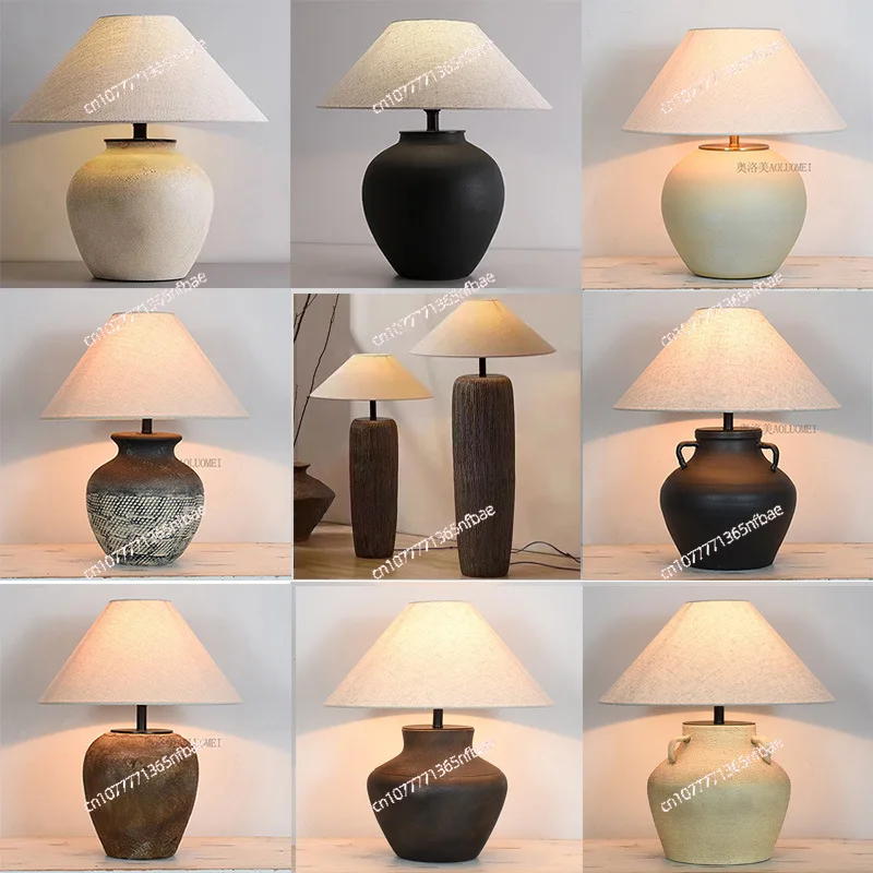 Japanese Wabi-Sabi Terracotta Table Lamp, Rustic Ceramic Lamp for Living Room/Hotel/Guesthouse Bedroom Decor