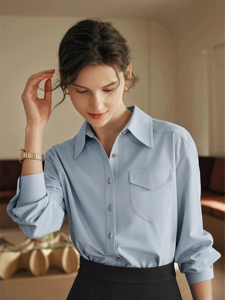 

OLrain Women French POLO Neck Blue Shirts 2025 Heart Single Buttons Work Bussiness Wear Long Sleeve Ladies Blouses N56QC83011