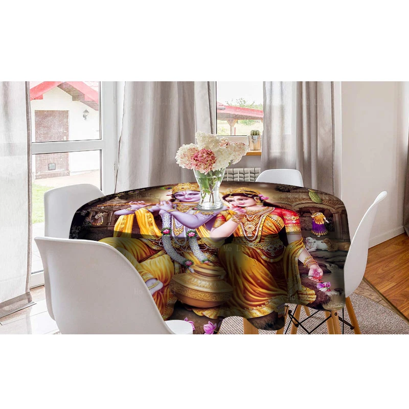 Lord Krishna With Radha Plays The Flute Colorful Rare Religious Hindu Gods Round Tablecloth By Ho Me Lili Tabletop Decor