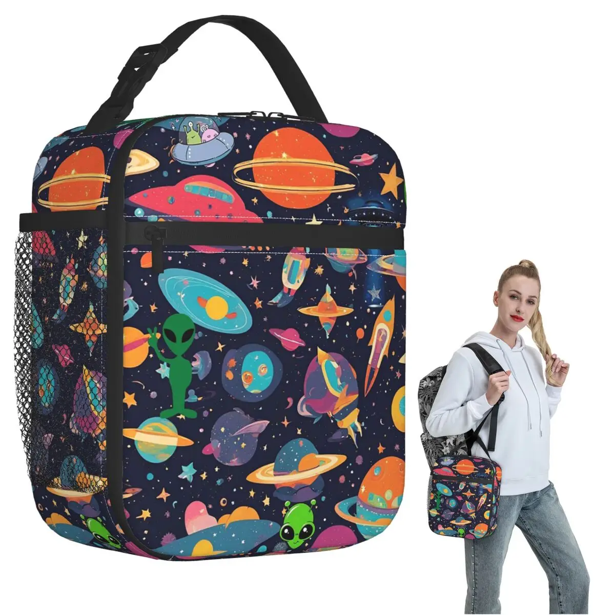 Colour Alien Rocket Spaceship Pattern Insulated Lunch Bag for Women Children Leakproof Food Boxes Thermal Lunch Box Tote
