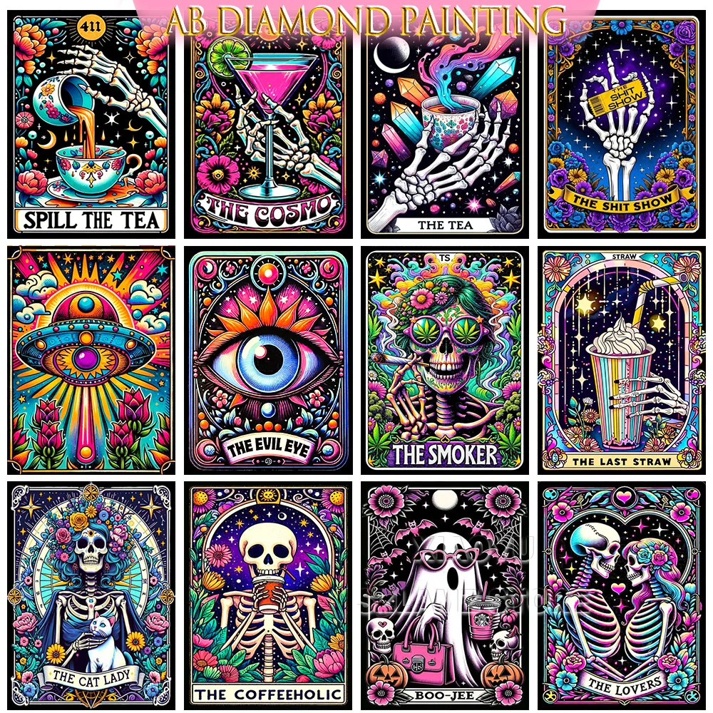 DIY AB Diamond Embroidery Tarot Card Diamond Painting Cartoon Skeleton Cross Stitch Set Halloween Art Decoration Gift