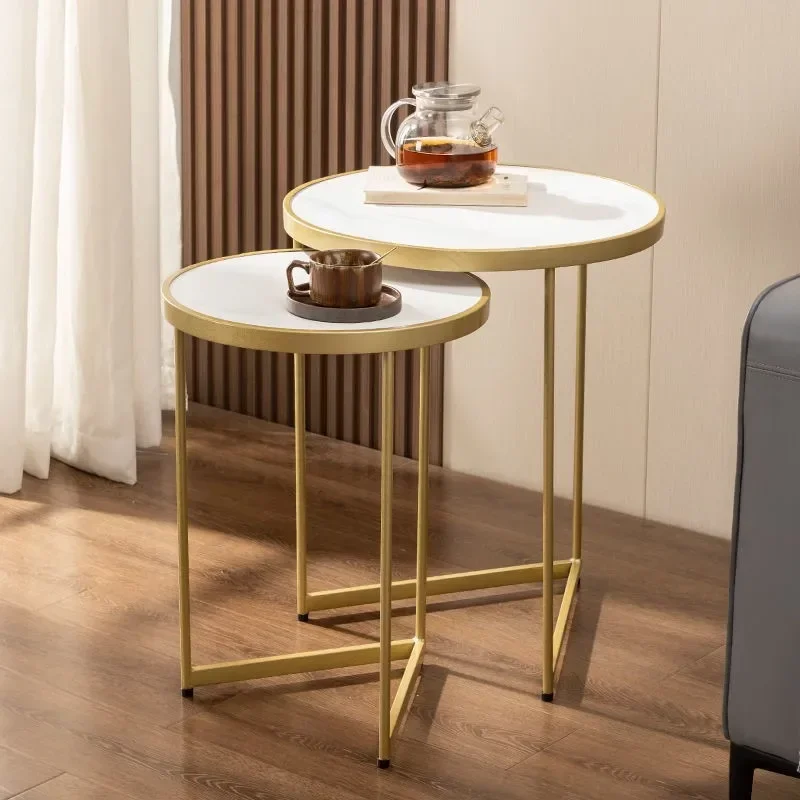 

A Modern Round Marble Metal Base Nesting Set Side Accent Table Storage Small End Table, Set of 2, Marble and Gold Living Room