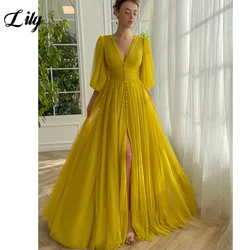 Lily Yellow Deep V-neck Prom Dress for Woman Tulle Three Quarter Sleeves Beach Wedding Dresses High Split Backless Prom Gown