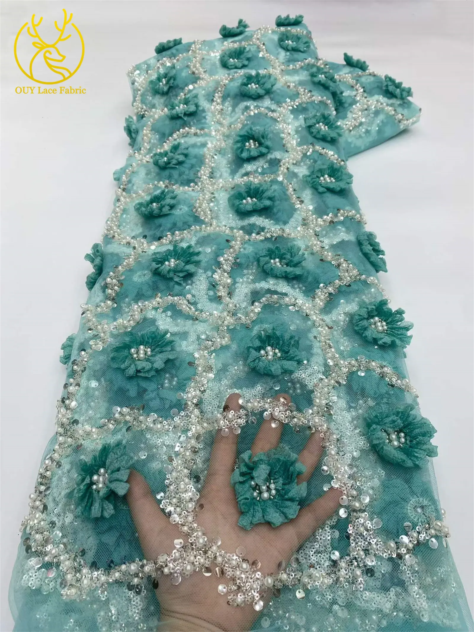 Elegantes Abendkleid 3D-Blumen-Spitzenstoff Afrikanischer Pailletten-Perlen-Spitzenstoff Hochwertiger Nigerianischer Französischer Tüll-Spitzenstoff – Detail 18
