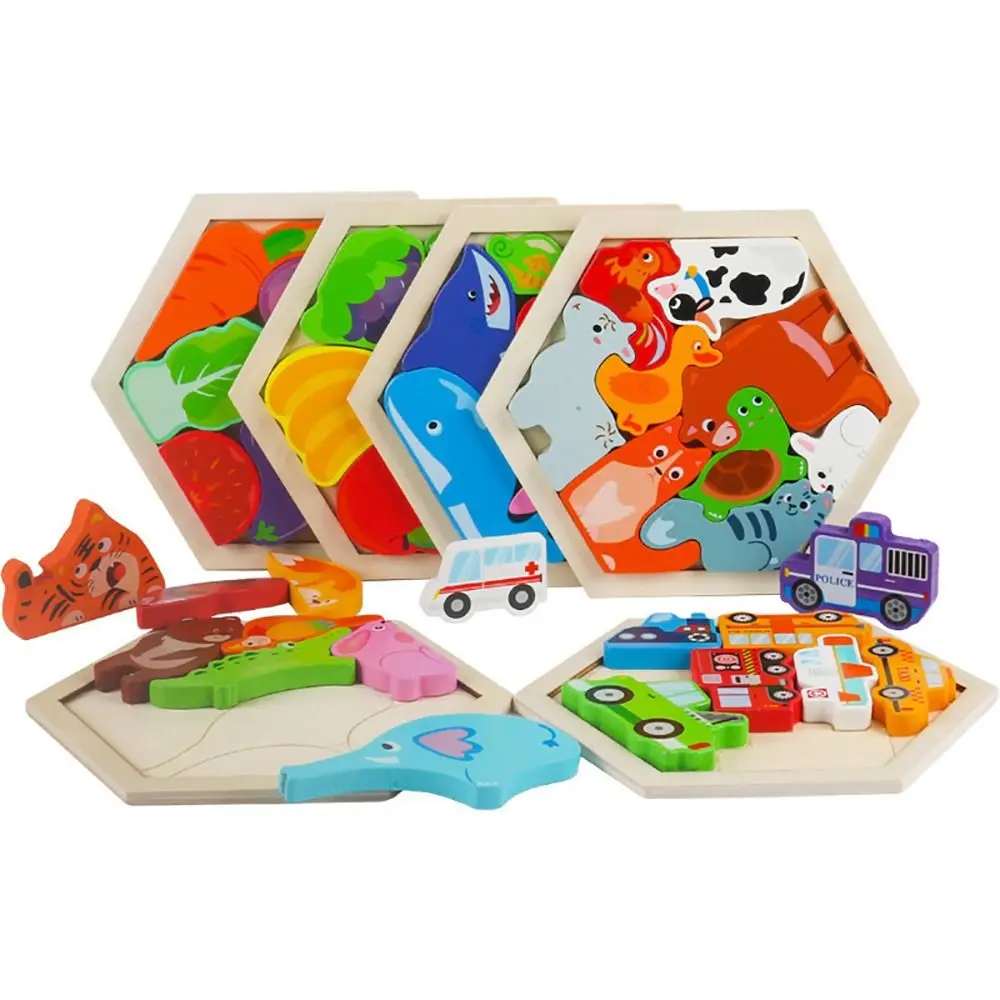 Cartoon Pattern Wooden Jigsaw Puzzle Wooden Hexagonal Pallet 3D Puzzle Stereoscopic 3D Structure Learning Jigsaw