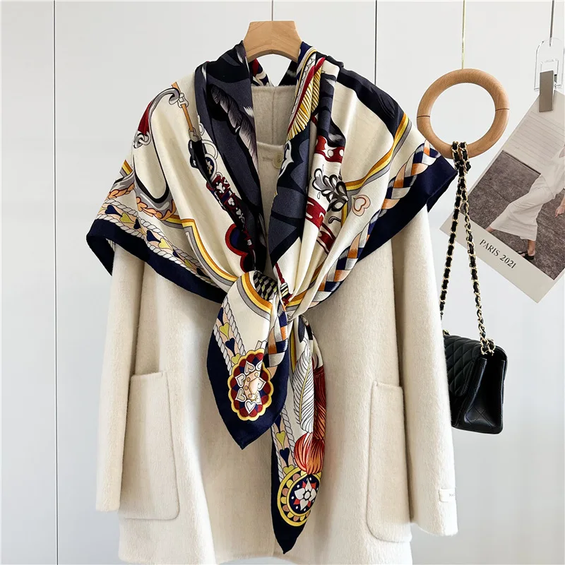 Luxury Designer Double Sided Silk Wool Scarf Women Oversized Hand-rolled Edges Shawls Winter Accessories Square Scarves Foulard