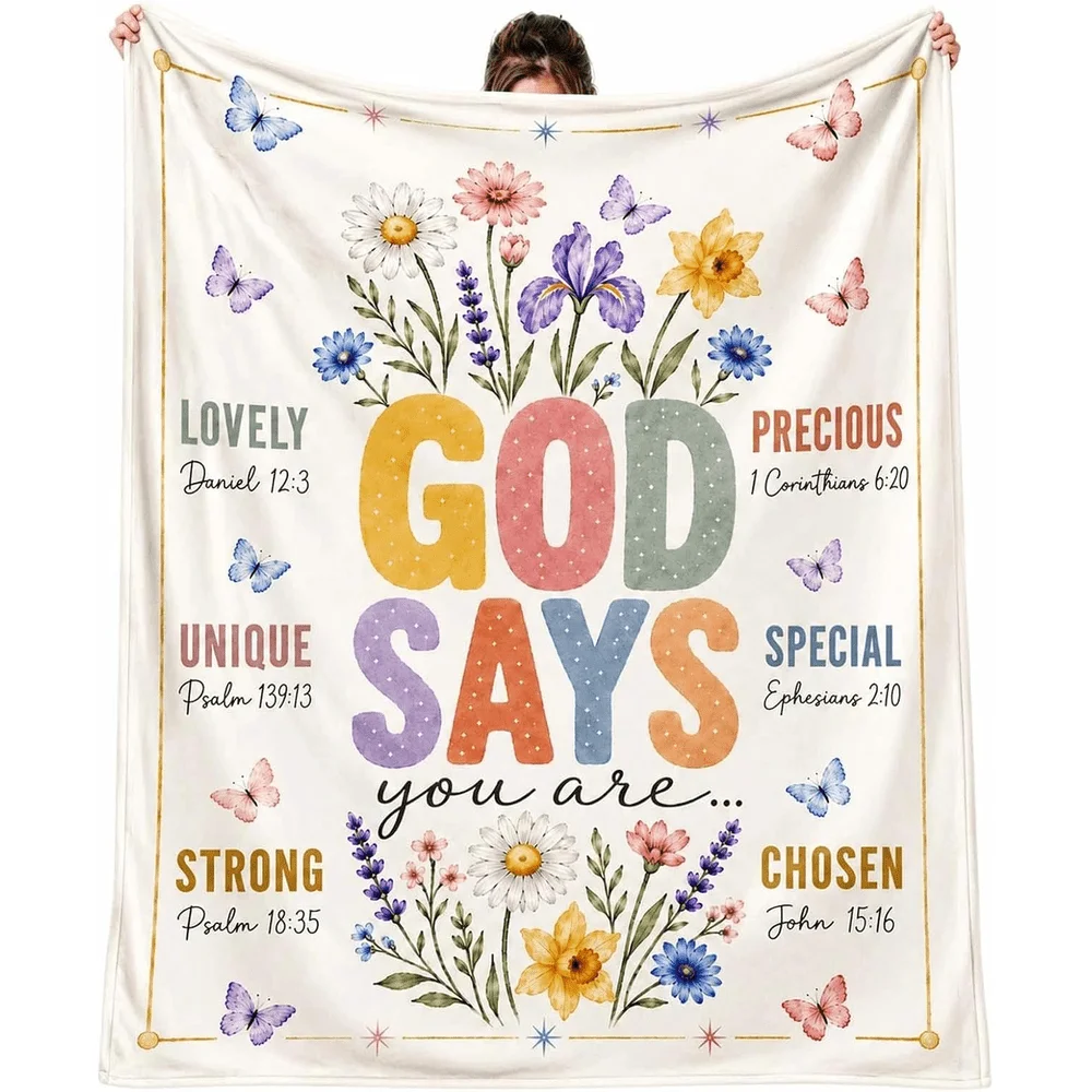 God Says You Are Christian Flannel Throw Blanket, Floral Butterfly Inspirational Bible Quote Design, Soft Lightweight Cozy Bedding Cover for Sofa Couch Bed Bedroom Living Room, Faith Prayer Blanket, Religious Home Decor, Birthday Christmas Holiday Gift