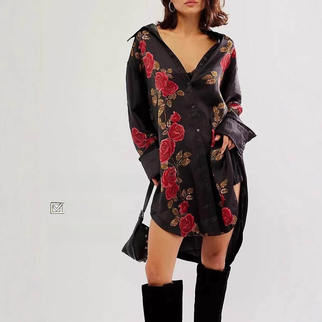 

Женская атласная блузка с длинным рукавом, с цветочным принтом, повседневная, премиум-класса, для офиса, из тонкого материала, с растительным узором