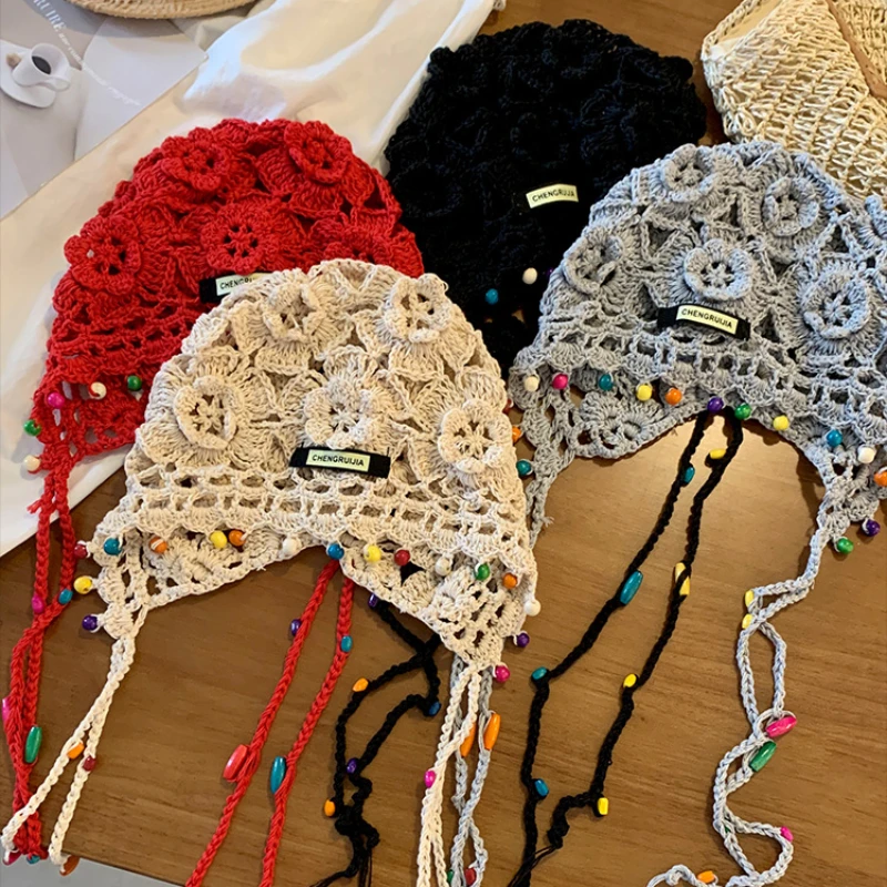 Vintage Bohemian Style Flower Fringed Woven Beanies for Women Summer Outing Versatile Hollow Breathable Fashion Pullover Hats