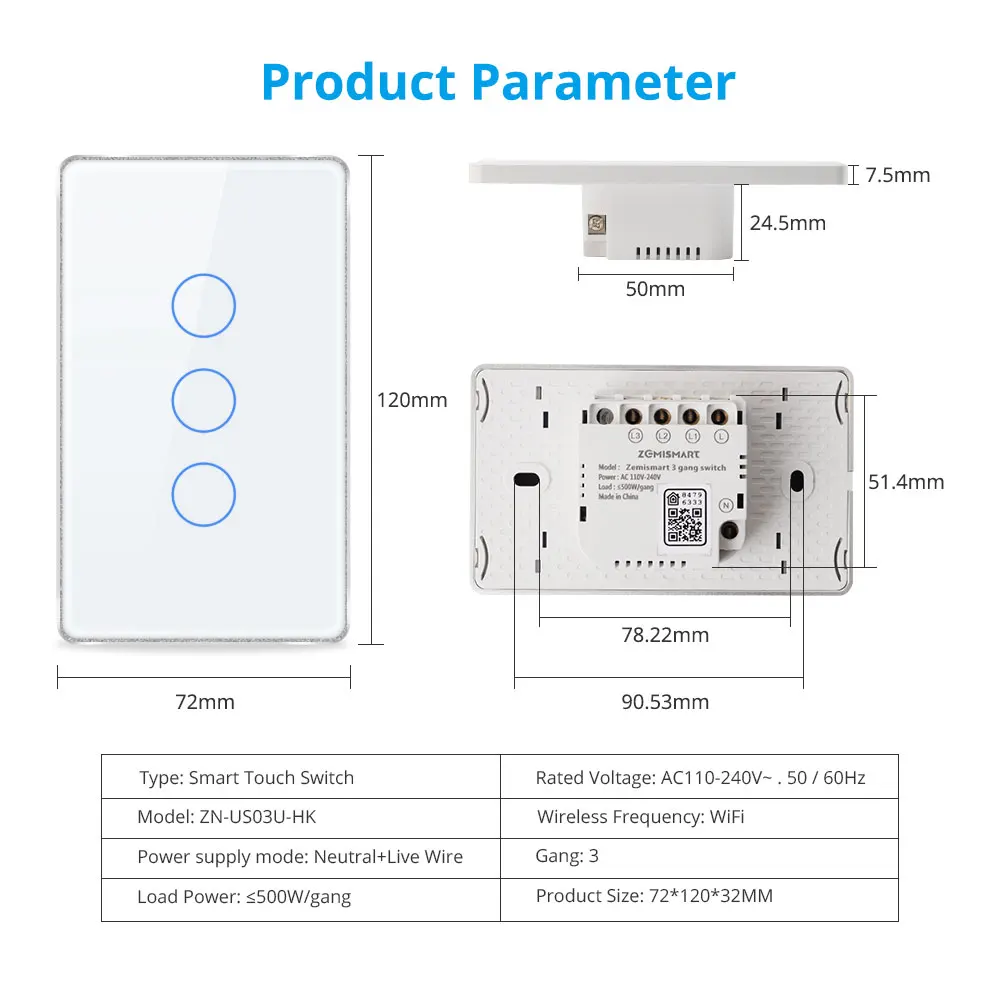 Zemismart Homekit WiFi Smart Wall Light Switch 3 Gangs Touch Panel US Interruptor Tuya App Alexa Google Home Siri Voice Control