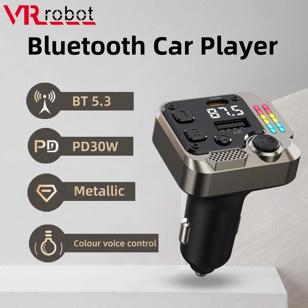 VR Robot Car FM Transmitter Bluetooth 5.3 MP3 U Disk Music Player Wireless Handsfree Car Kit PD 30W Fast Charging Adapter