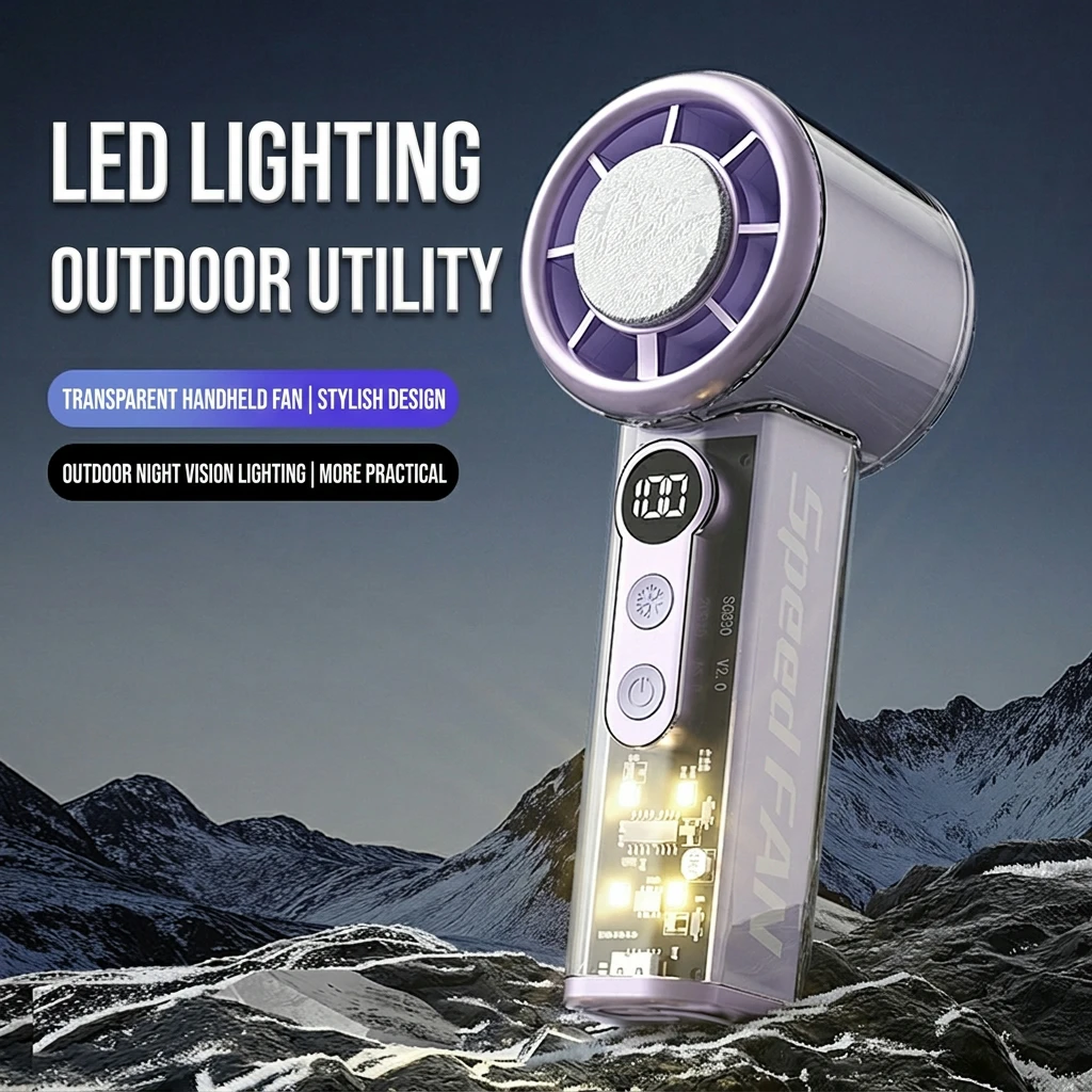 

Transparent Handheld Fan With 100 Speed Stepless Control LED Light Rechargeable Mini Portable Ice Cooling Fan Digital Display