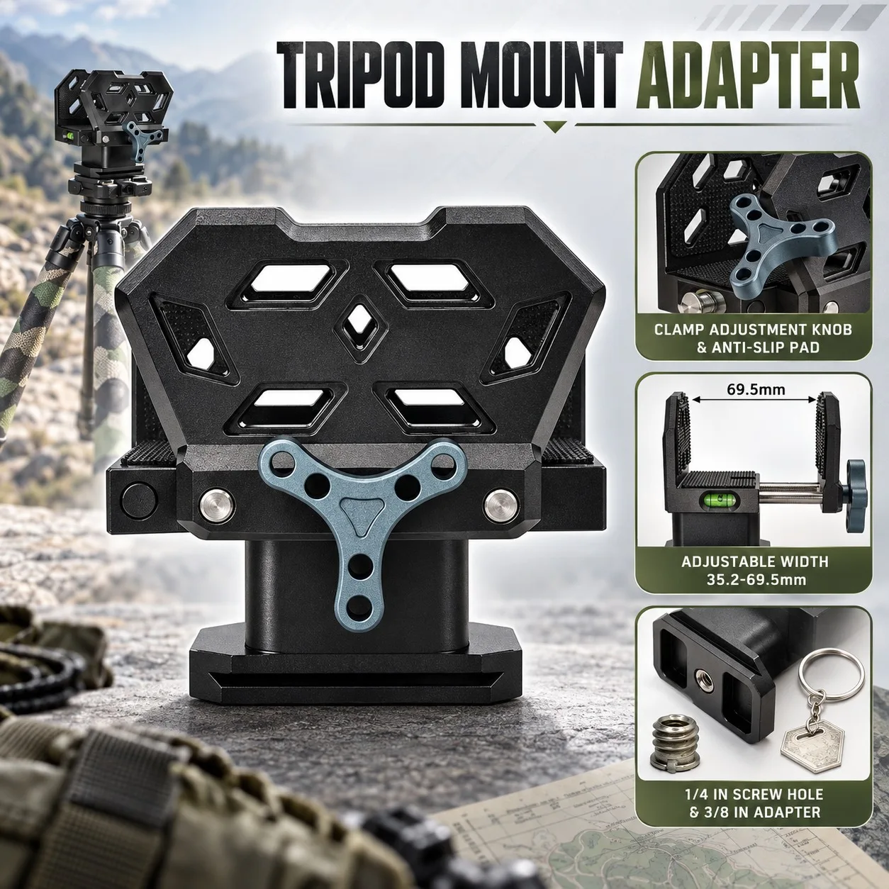 Aluminum Tripod Saddle Clamp Rest Vise Mount with 3/8 Inch Arca Type Thread Adapter for Outdoor Hunting and Shooting Equipment