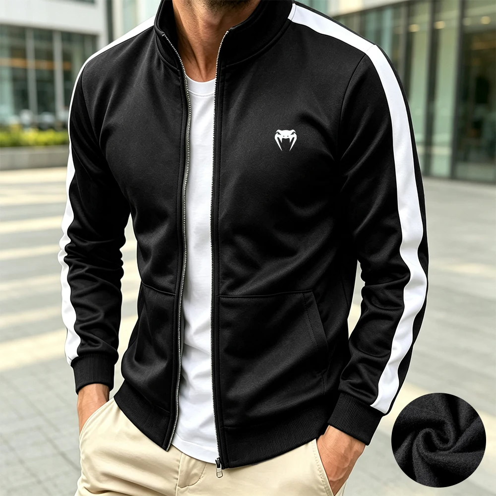 Men's Snakehead Print Stand Up Collar Zip Up Jacket Autumn Warm Casual Coat Suitable For Everyday Running Fitness And Commute