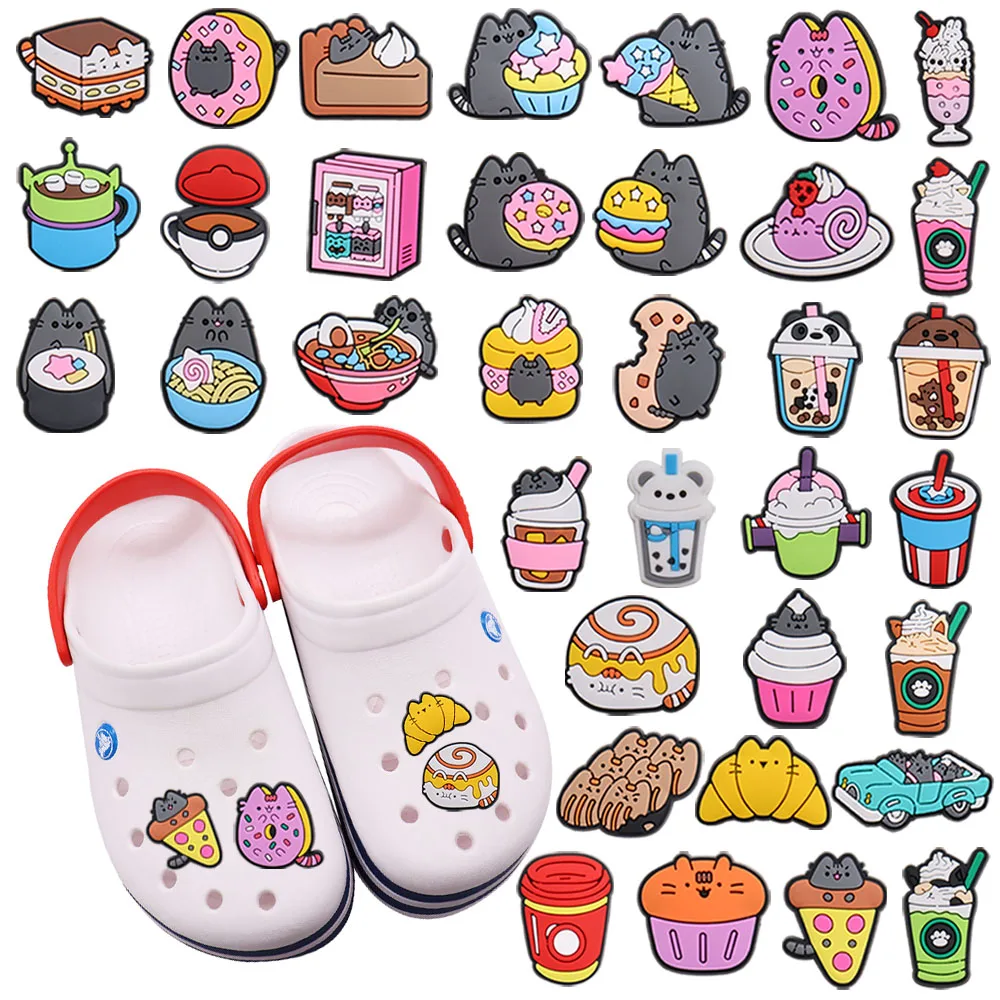 

Wholesale 50Pcs PVC Noodle Hamburger Cupcake Cat Buckle Clog Kids Drinks Shoes Charms Decorations Fit Sandals Bracelet