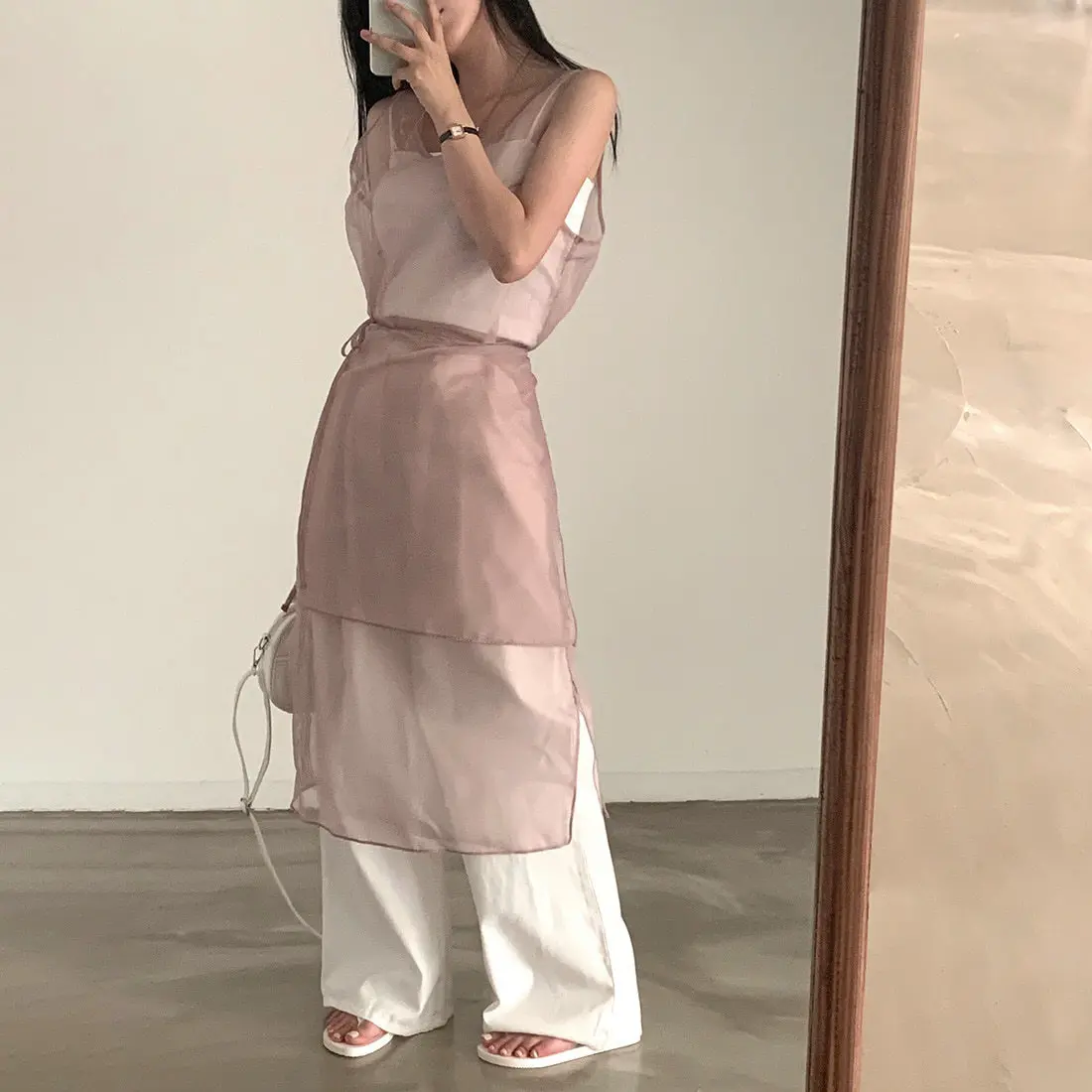 2026 Spring and Summer New Sweet Fashion Y2K Stacked Wearing Apron Strap Mesh See-Through Vest Dress Vestidos