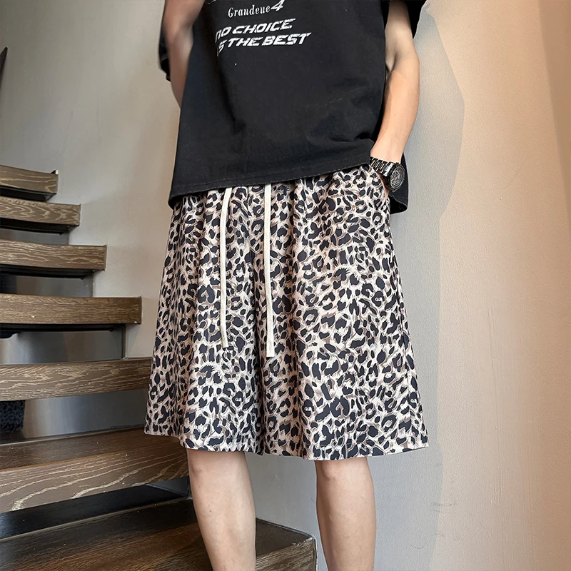 

Wild Leopard Core! Men's Vintage Animal Print Wide Leg Shorts – Knee Length Culottes Streetwear, Loose Fit Drawstring Bottoms