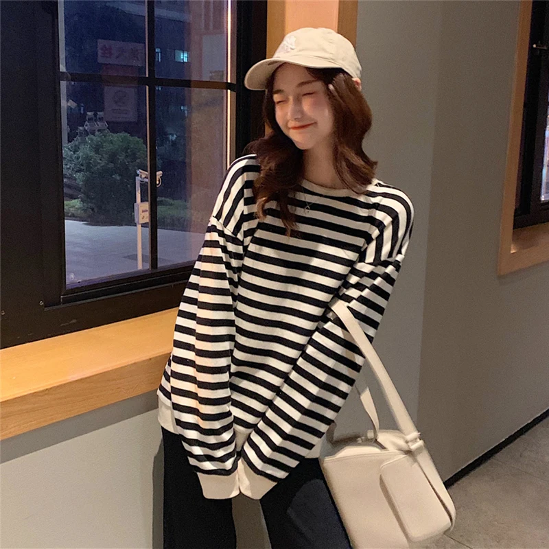 autumn new cotton Oversize Hoodies Women O-Neck stripe Leisure Simple Korean Pullovers femme Kpop black thin Sweatshirts Clothes