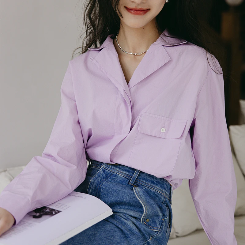 

Spring ZJ2023 Loose Fit Pure Cotton Lav irt Women's White Slimming Versatile Base Layer Top Collar Button up Long...