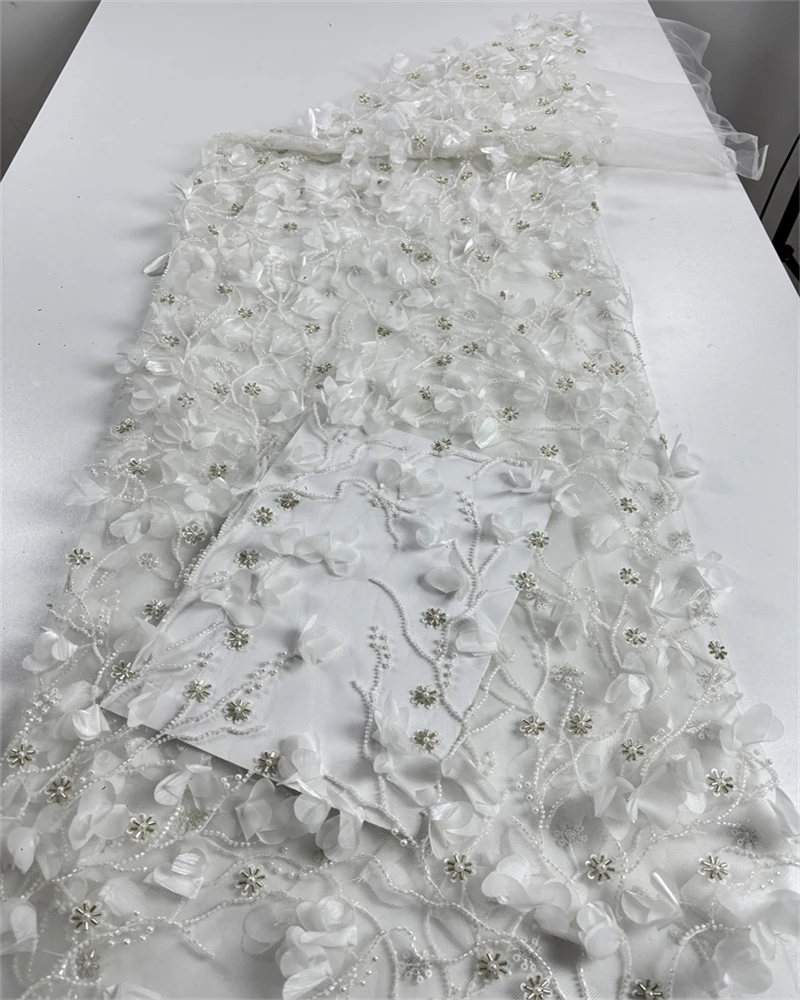 3Dフラワーフレンチレース生地、ビーズネット、ウェディング用スパンコール付きアフリカンレース、高品質