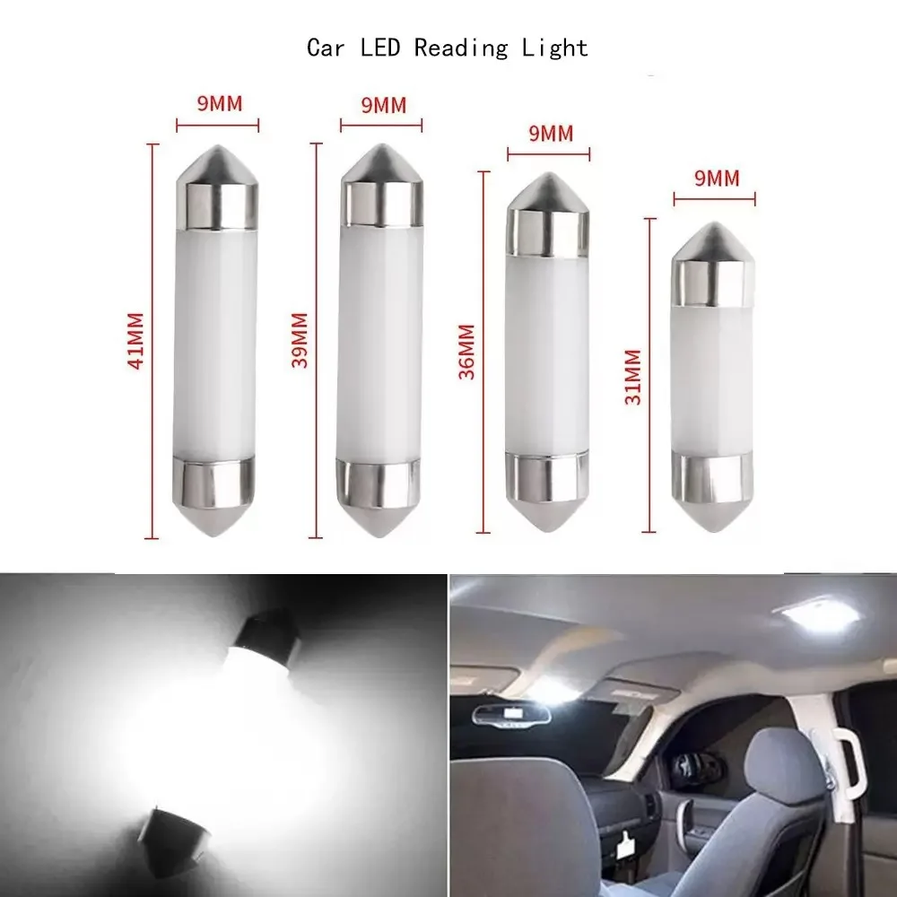 10pcs Festoon 31mm 36mm 39mm 41mm C5W LED Bulb 12 Chips COB Filament LED Glass Case Car Interior Light Auto Dome Lamp White