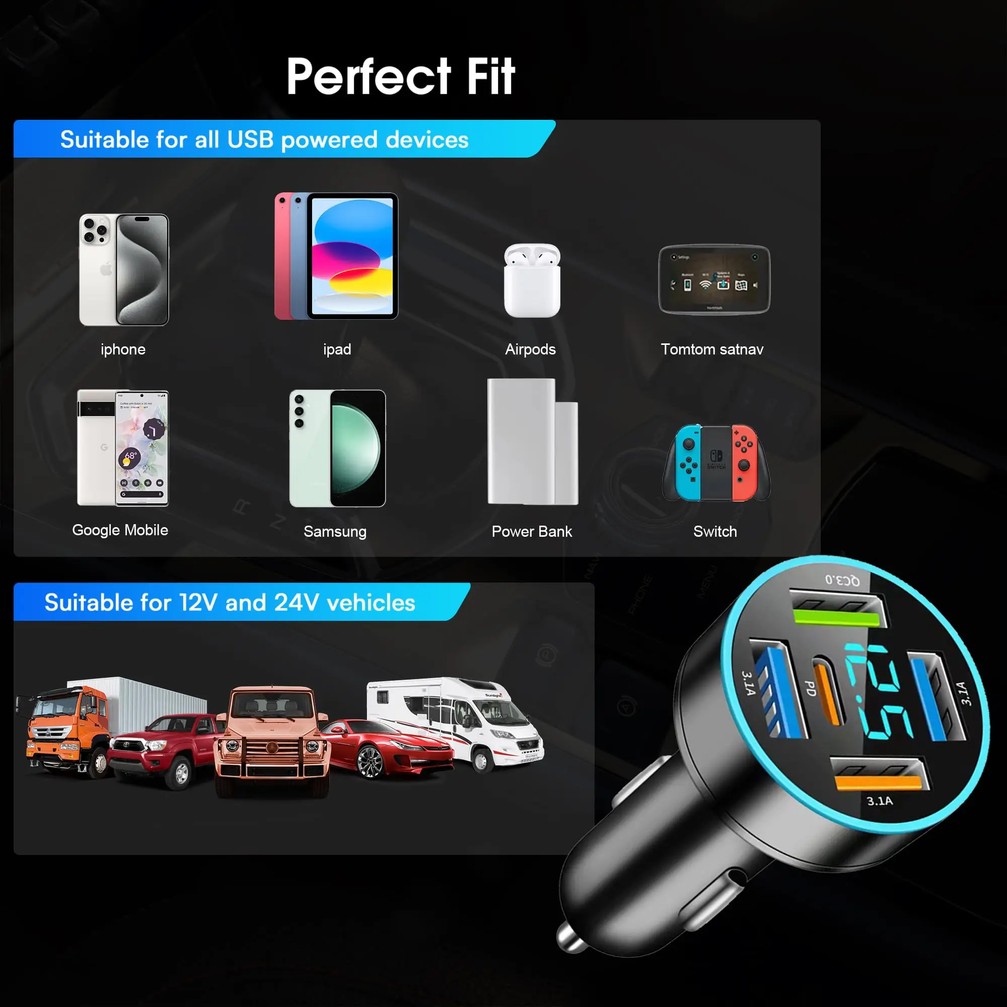 PD66W Car Charger QC3.0 Fast Charge One to Four Car Cigarette Lighter Plug 5 Port Car Charger Flash Charge with Digital Display image 4