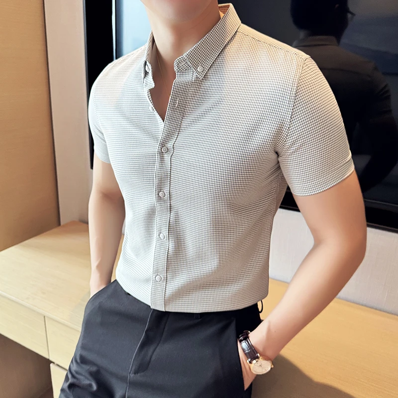 Men Thousand Bird Check Short Sleeved Shirt 2024 Summer New Youth Korea Fashionable Casual Elastic Slim Fit Shirt Men Clothing