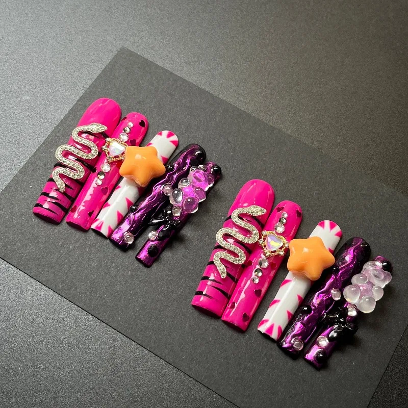 

10PCS Handmade Y2K Hot Girl Style Nails Neon Pink Purple Press on Nails Coffin 3D Snake Star Rhinestone Design Edgy False Nails