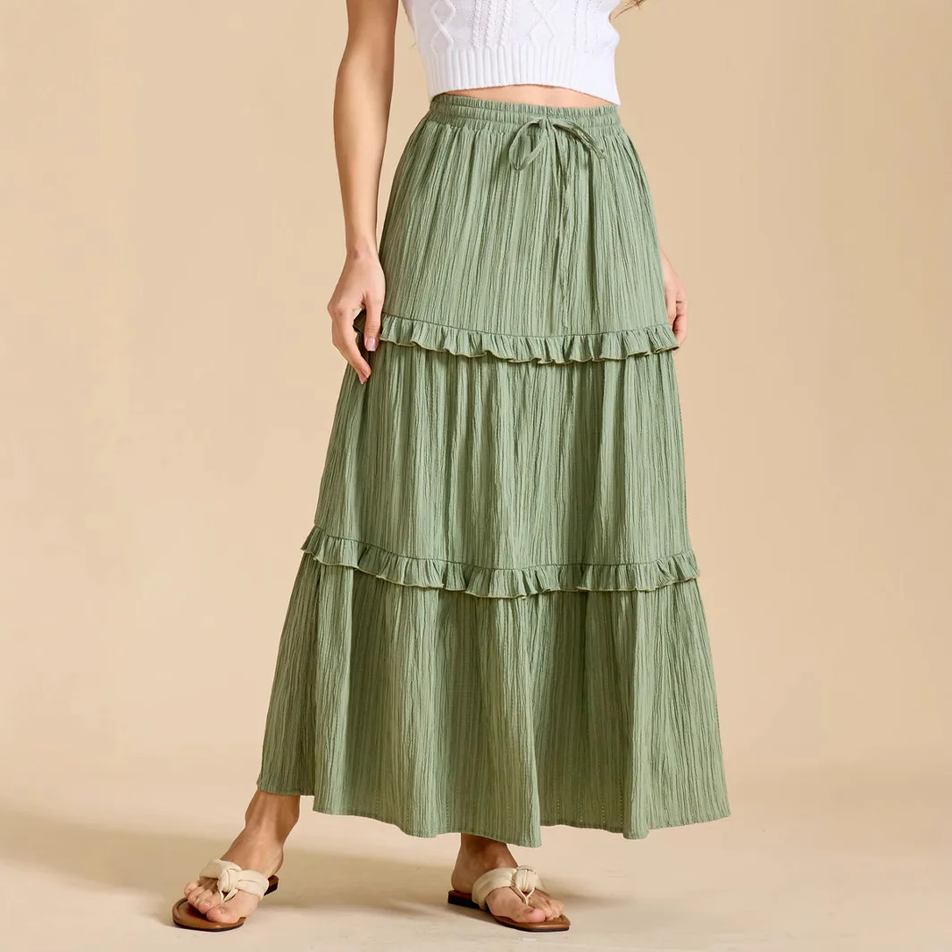 

2026 New Women's Spring and Summer Fashion Solid Color Casual Comfortable Slim-Fit Versatile A-line Skirt with Drawstring Waist