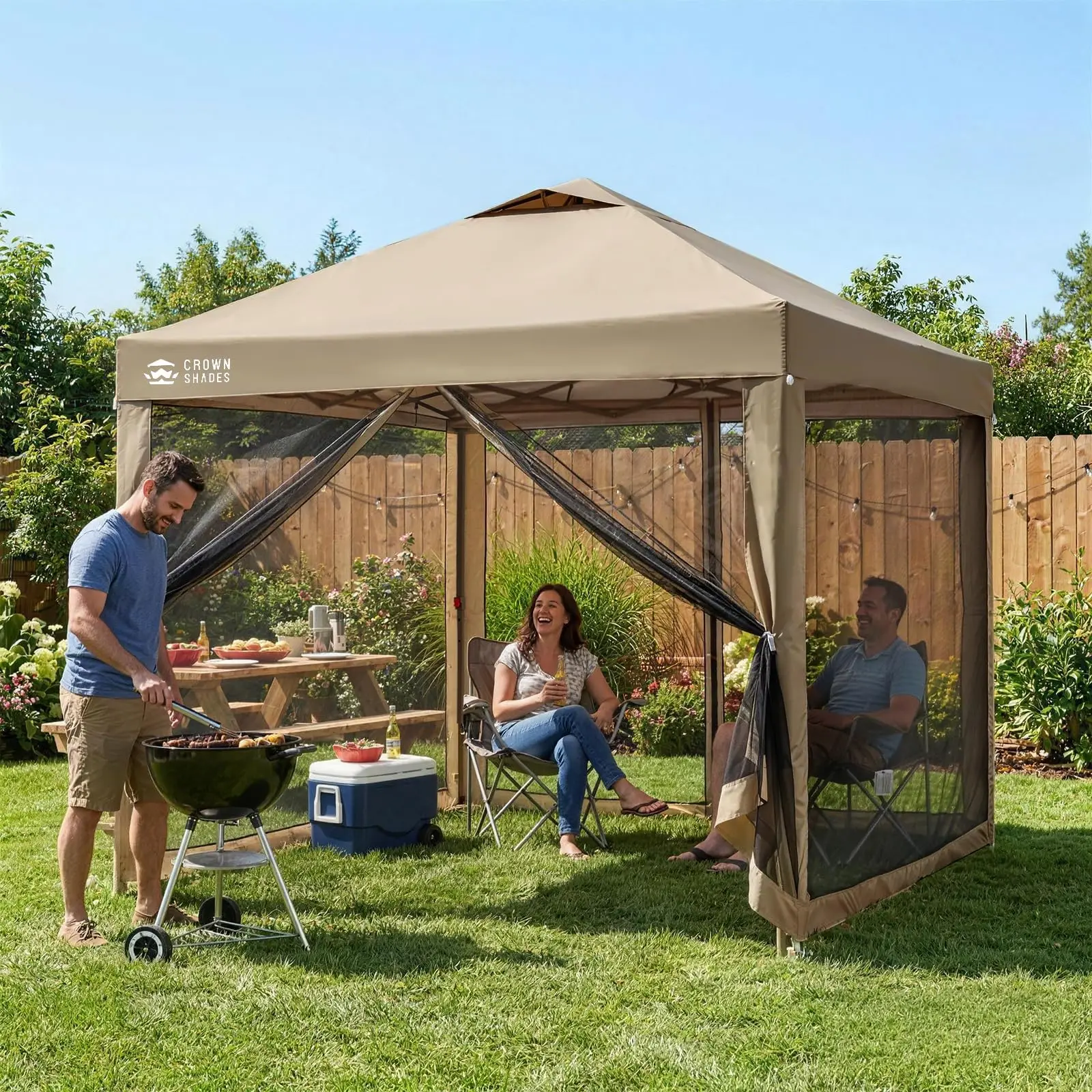 Gazebo 10x10 Pop Up Canopy with Mosquito Netting, Beige