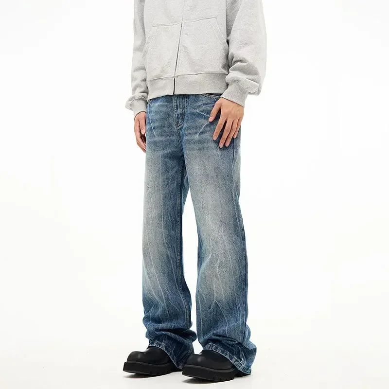 Jeans Men Straight Trousers Denim Flare Pants Long Pant Loose Casual Regular Splice Button Pocket High Waist Simple Autumn