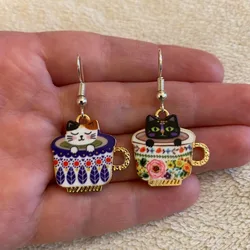 Cute Cat in A Teacup Dangle Earrings Charms Cat Drop Earrings Jewelry for Women Girls