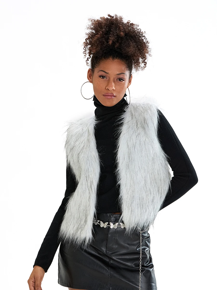 Women Faux Fur Vest Sleeveless Open Front Solid Outwear Gilet for Casual Street