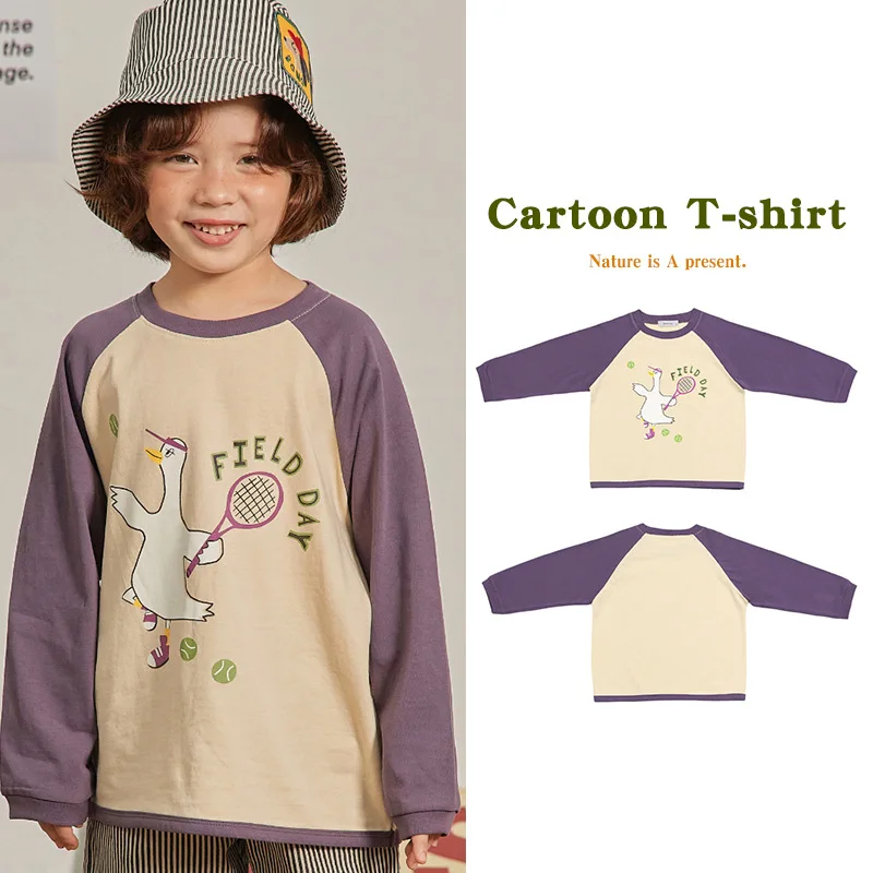 

Jenny&Dave Spot 23. Autumn New Children's Casual Underlay Shirt, Cute Tennis Goose Print Raglan Long Sleeve T-shirt for Children