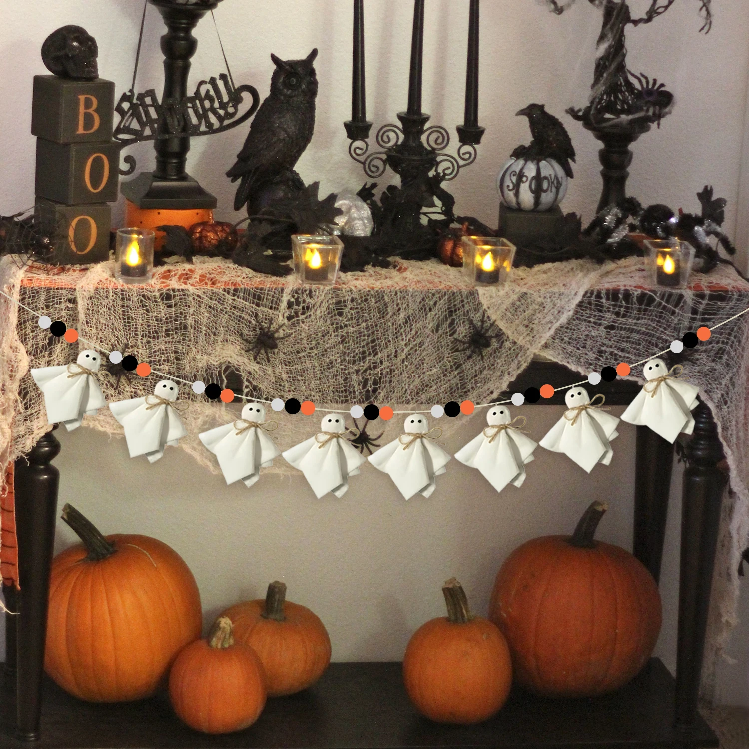 

Handmade Cute Halloween Ghost Garland with Wooden Beads Rustic Banner for Wall Home Indoor Outdoor Spring Decor