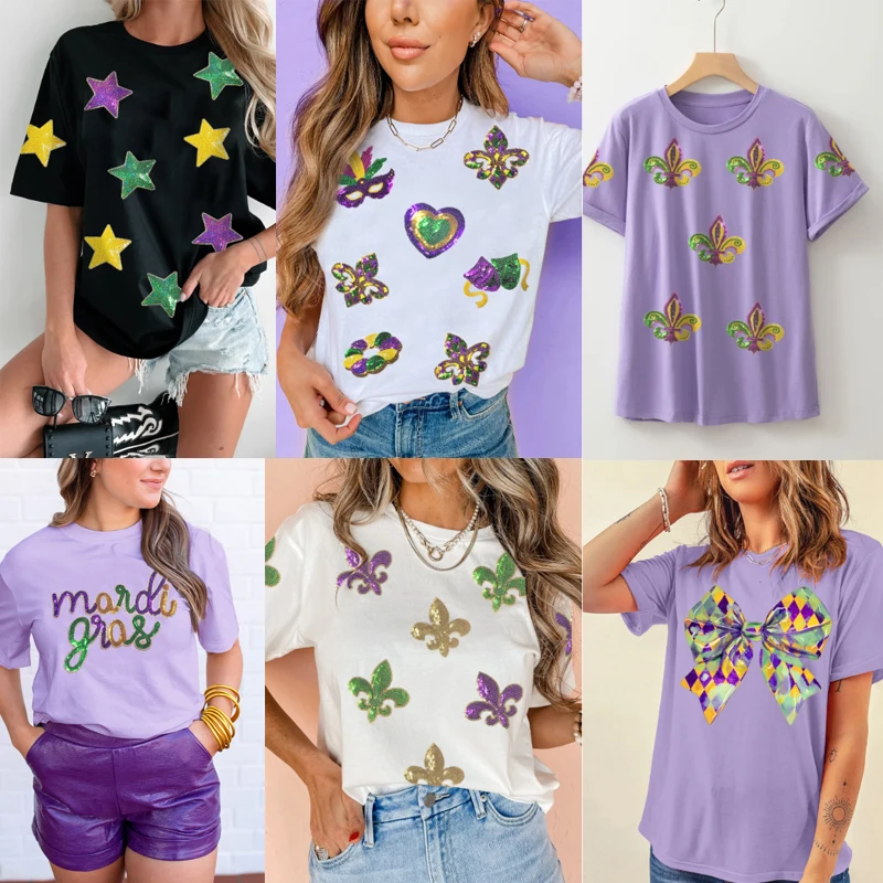 Camiseta con cuello redondo y manga corta Mardi Gras con lentejuelas y letras, camisetas gráficas navideñas