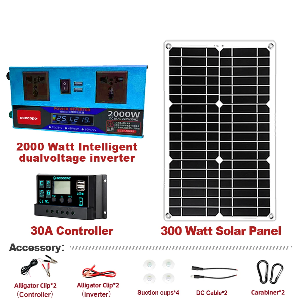 2000W Solar Kit Dual Spannung 2000W Inverter LCD Dual Outlets DC 12V24V zu AC220V 300W Solar Panel 30A Controller Hause Camping RV