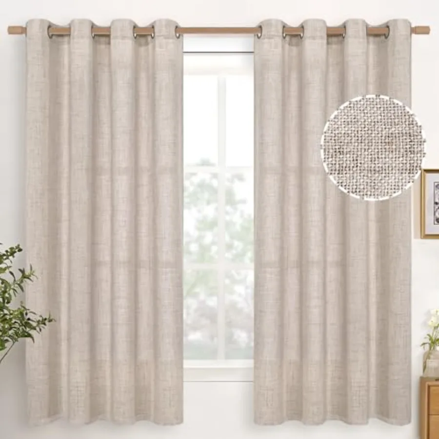 

Semi Sheer Curtains 63 Inch Length 2 Panels for Living Room - Light Filtering Drapes with Bronze Grommet Beige Window Treatment