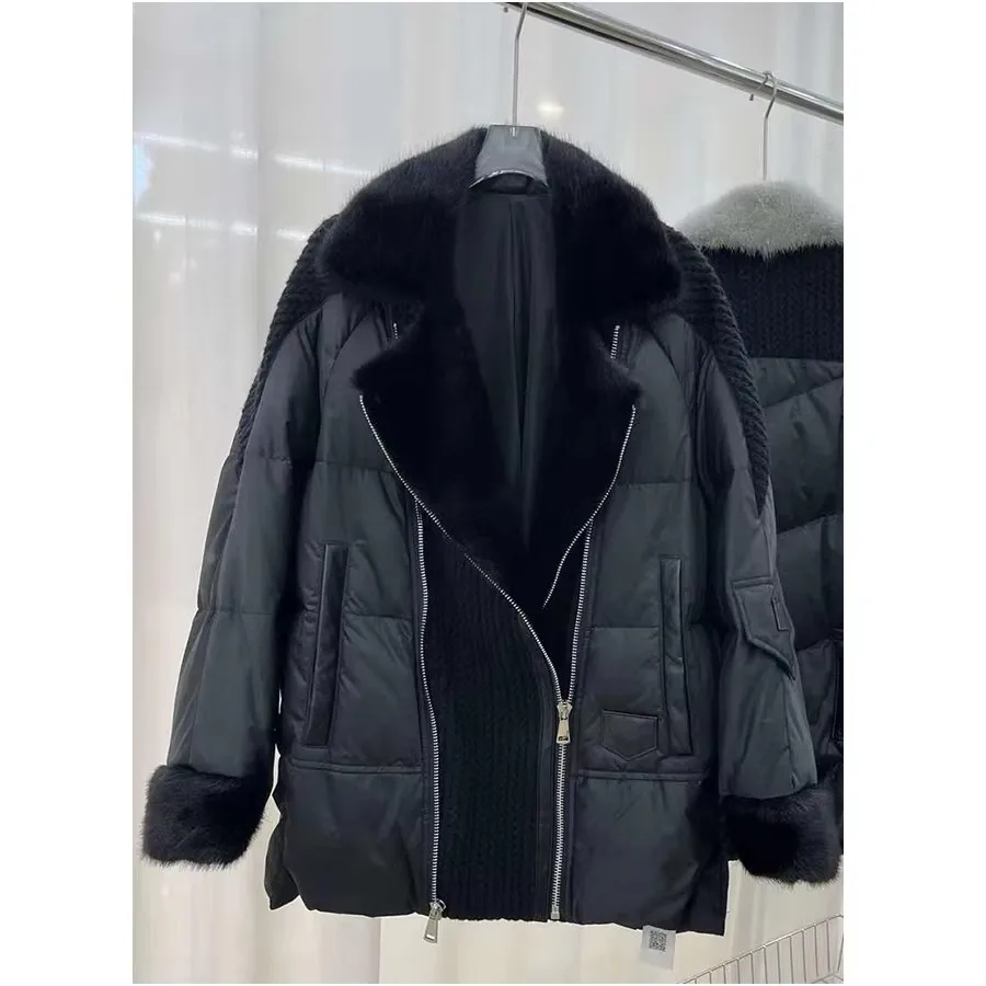 Manteaux bouffants en vraie fourrure pour femme, vestes courtes en duvet d'oie, manteau d'hiver avec garniture en fourrure de vison naturelle, luxe chaud
