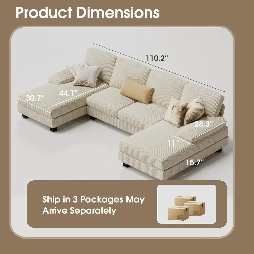 Sectional Couches for Living Room, U-Shaped Sofa Couch with Soft Corduroy, 4 Seat Sofa Set with Double Chaise for Apartment