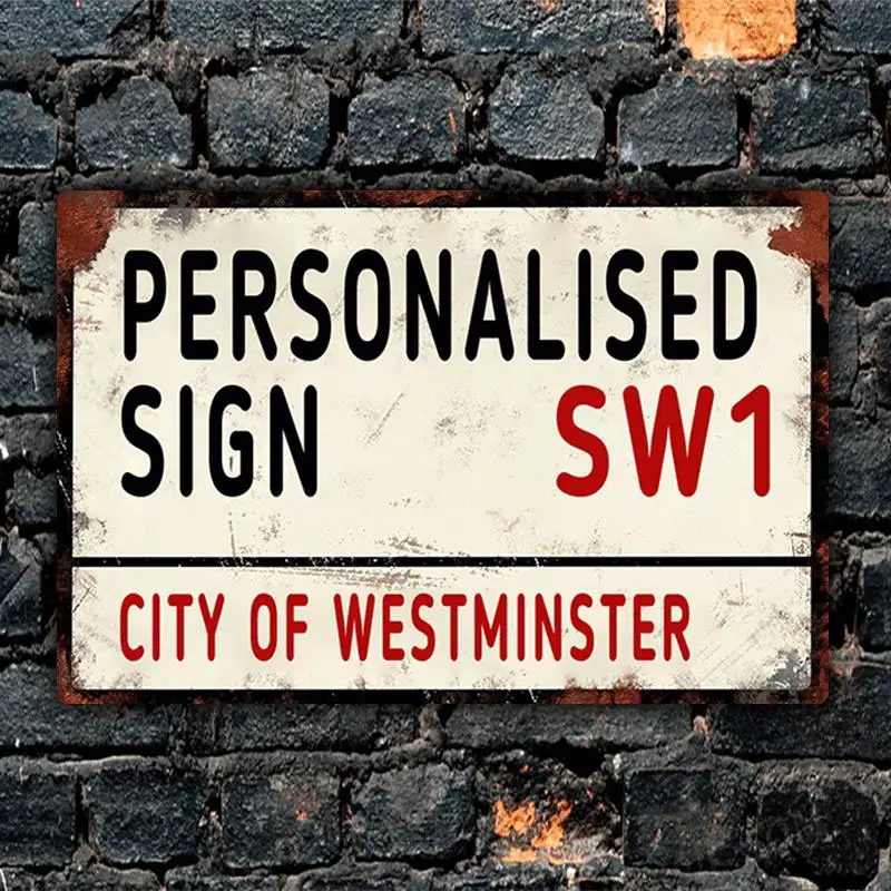 Personalisiertes Straßenschild – individueller Text und Postcode, Retro-Vintage-Aluminium-Wanddekoration, rustikales Metallschild für Zuhause, Büro, Café