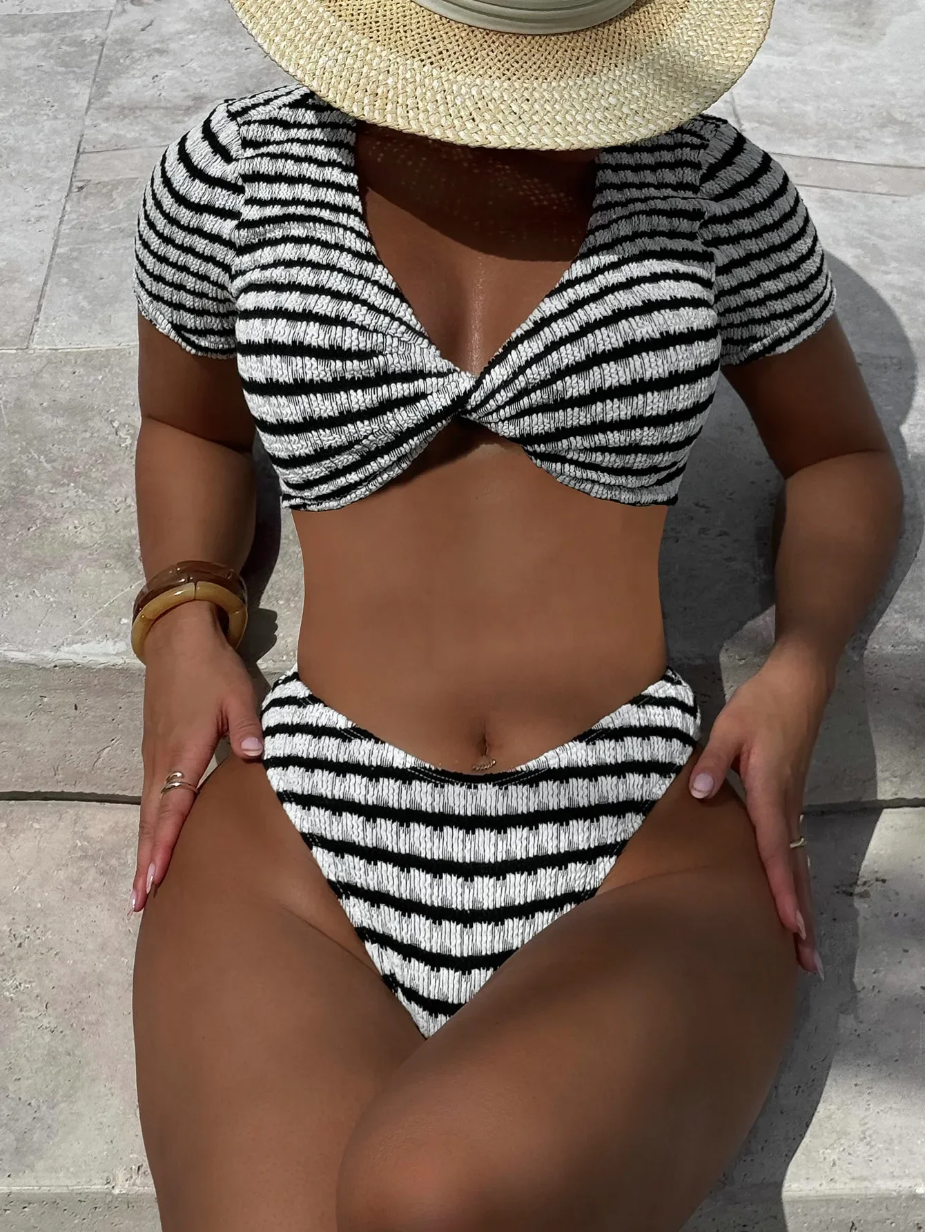 Sexy Short Sleeve Bikini 2025 Swimwear Women Summer Black White Contrast  Front Bow Cross Push Up Holiday High Waist Swimsuit