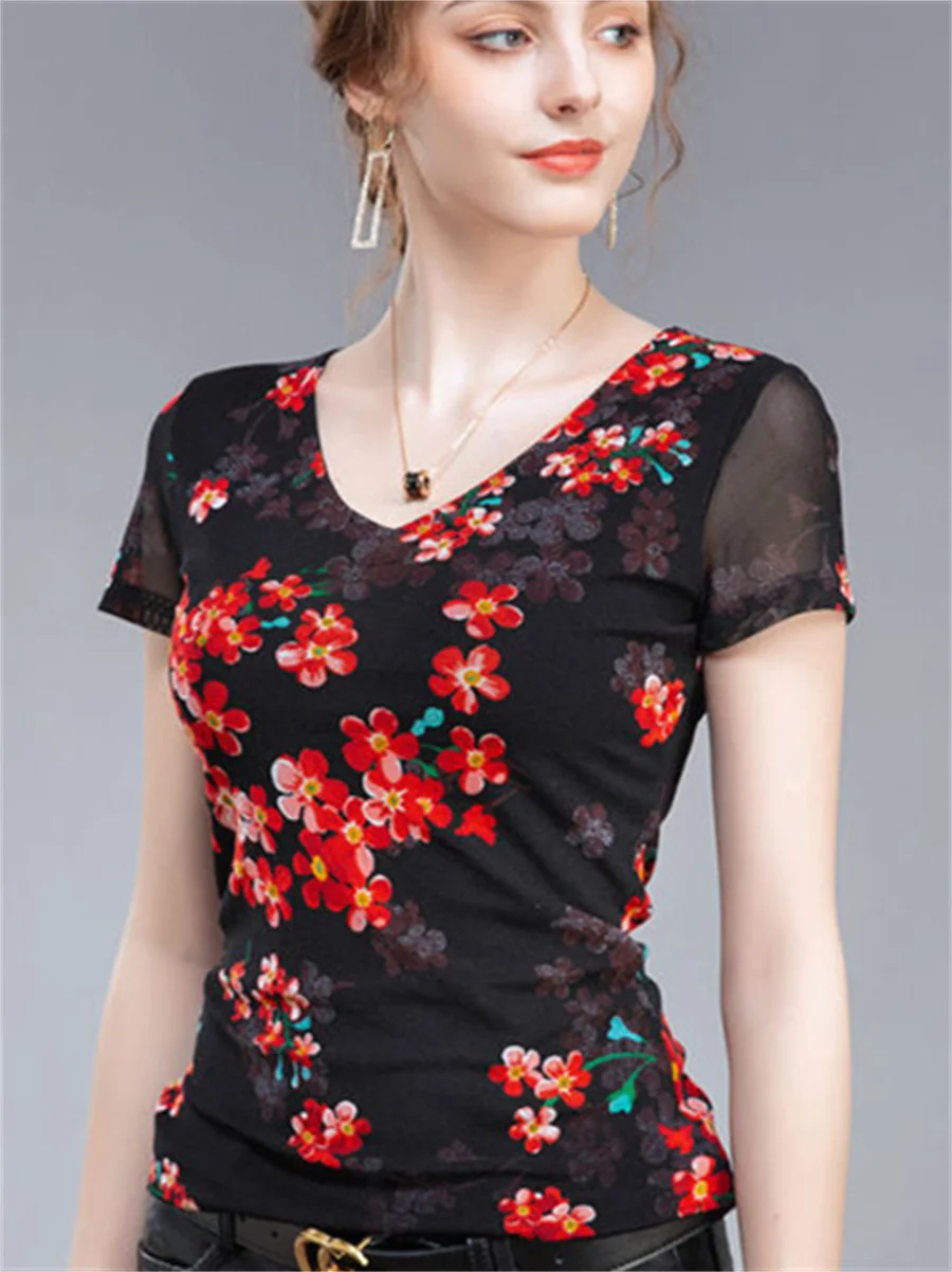 4XL femmes printemps été Blouses chemises dame mode décontracté à manches courtes col en v fleur impression haut blouse G2191