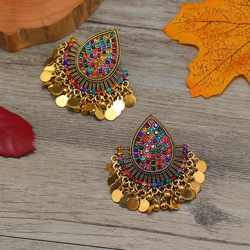 Vintage Indian Feng Shui Droplets Full of Diamonds, Colorful Tassel Round Plate Ball Earrings