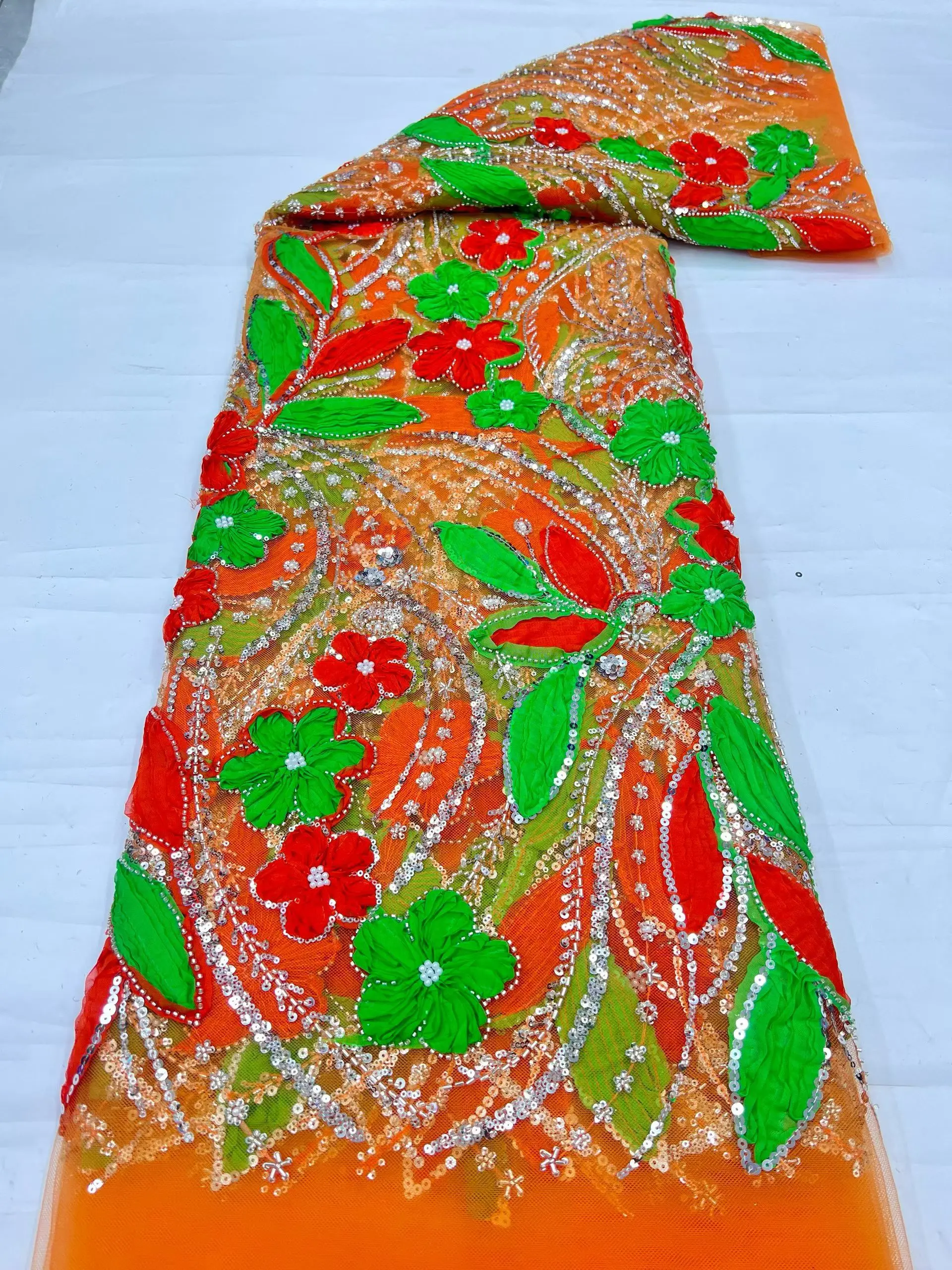 Top Grade Handcut African Nigerian Sequins Tulle Lace Fabric Sewing Net Cloth Prom Dresses Beads Embroidery High Quality HD112