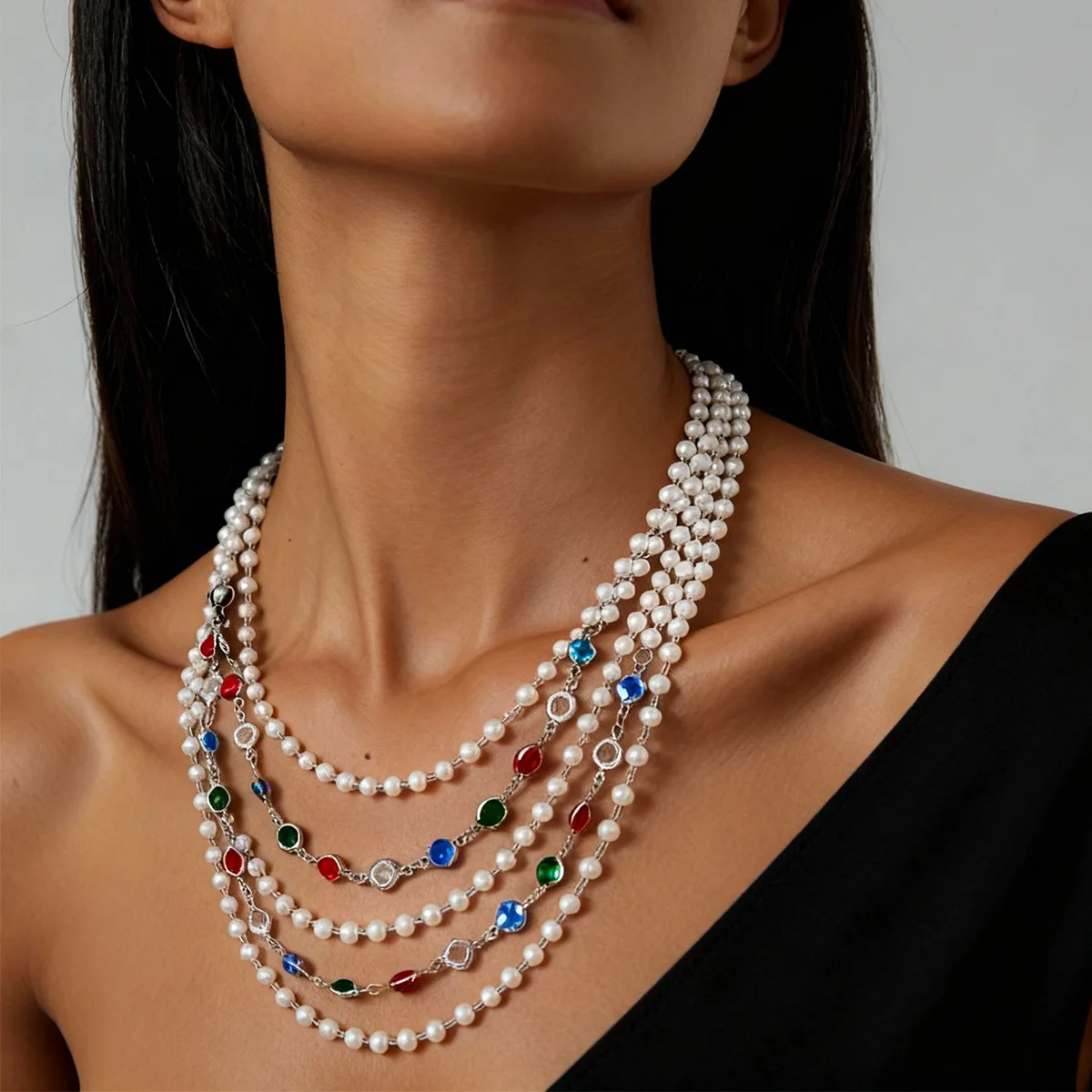 

Multi-Layer Imitation Pearls Chain Necklaces Luxury Colorful Glass Crystal Women's Necklaces French Fashion Party Jewelry