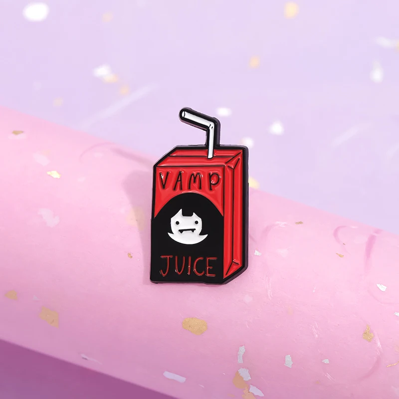 Punk Vamp Bat Juice Drink Box Enamel Pins Custom Adventure Animation Brooch Backpack Lapel Hat Badge Cartoon Jewelry Accessories