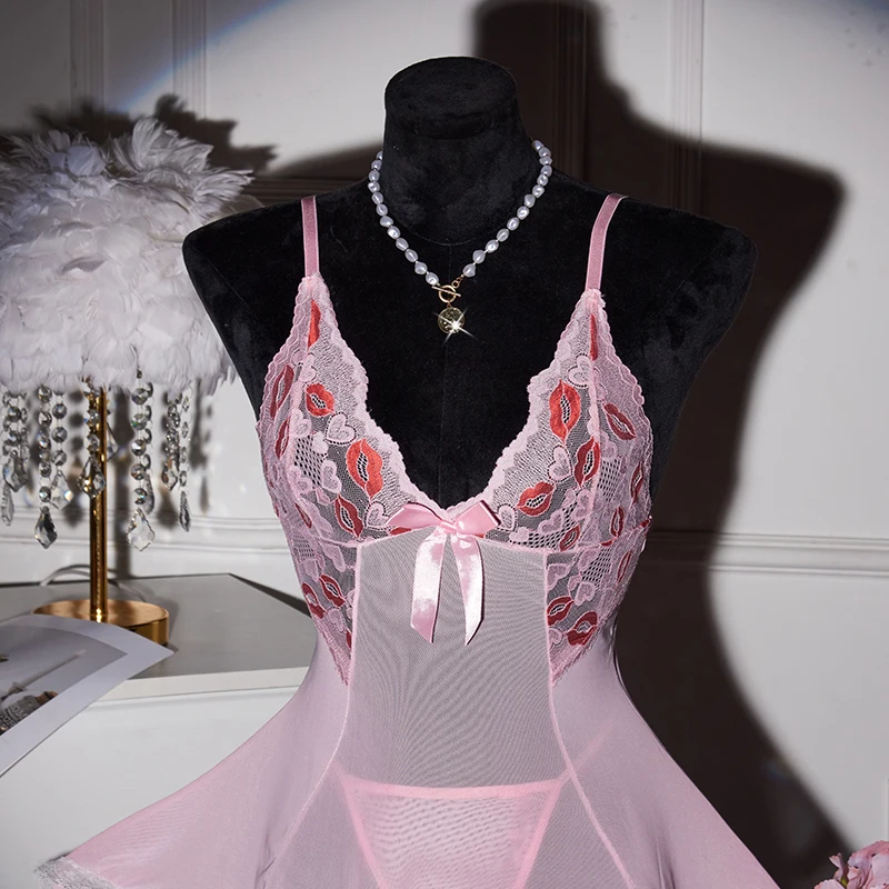 Color Blocking Printed Lace Sexy Suspender Women's Deep V Perspective Mesh Dress Nightgown Underwear Set
